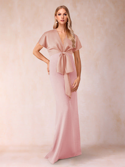 Robe de Mère de la Mariée Fourreau/Colonne à Col En V et Manches Courtes avec Nœud Papillon