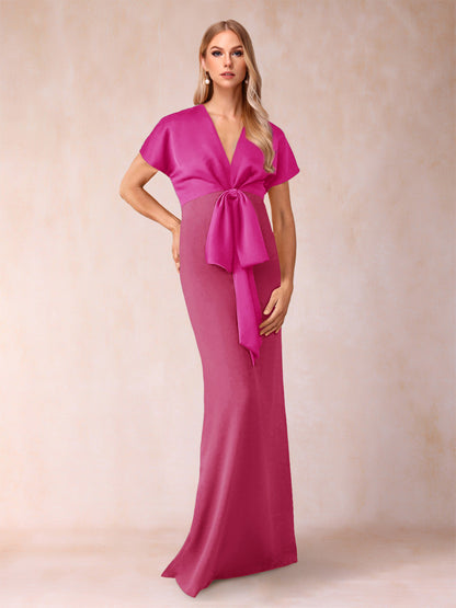 Robe de Mère de la Mariée Fourreau/Colonne à Col En V et Manches Courtes avec Nœud Papillon