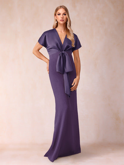 Robe de Mère de la Mariée Fourreau/Colonne à Col En V et Manches Courtes avec Nœud Papillon