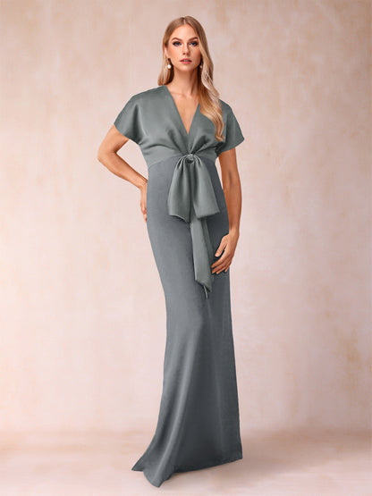 Robe de Mère de la Mariée Fourreau/Colonne à Col En V et Manches Courtes avec Nœud Papillon