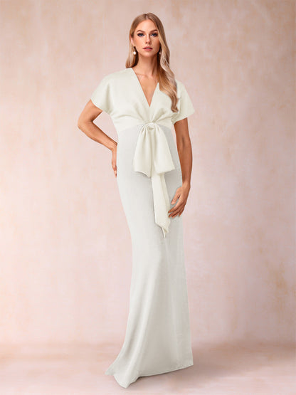 Robe de Mère de la Mariée Fourreau/Colonne à Col En V et Manches Courtes avec Nœud Papillon
