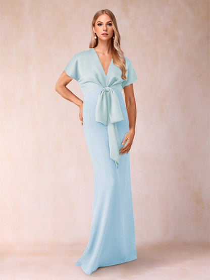 Robe de Mère de la Mariée Fourreau/Colonne à Col En V et Manches Courtes avec Nœud Papillon