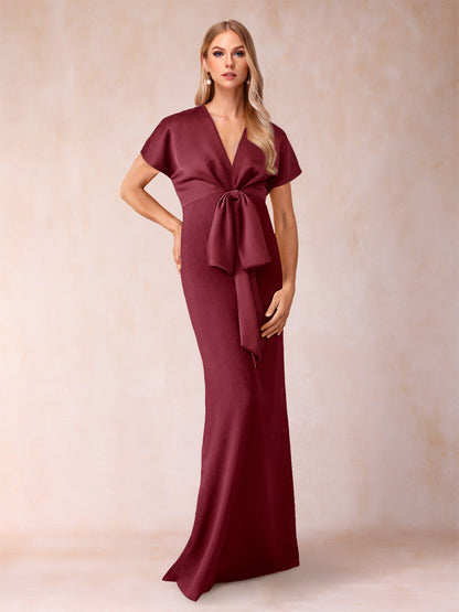 Robe de Mère de la Mariée Fourreau/Colonne à Col En V et Manches Courtes avec Nœud Papillon