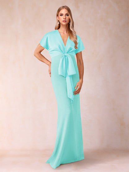 Robe de Mère de la Mariée Fourreau/Colonne à Col En V et Manches Courtes avec Nœud Papillon