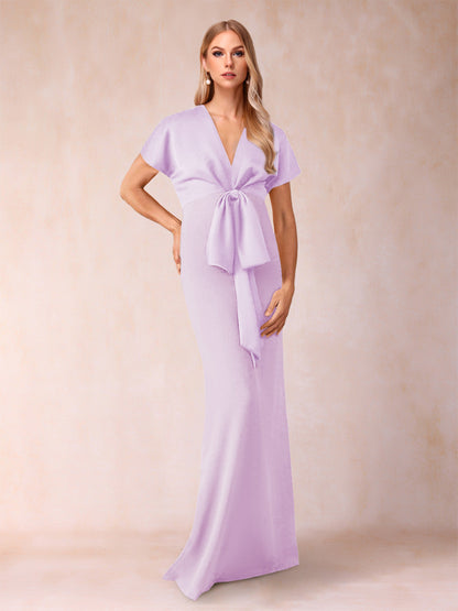 Robe de Mère de la Mariée Fourreau/Colonne à Col En V et Manches Courtes avec Nœud Papillon