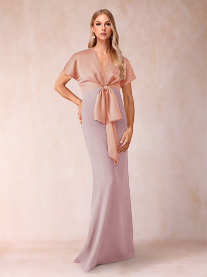 Robe de Mère de la Mariée Fourreau/Colonne à Col En V et Manches Courtes avec Nœud Papillon