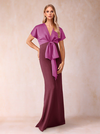 Robe de Mère de la Mariée Fourreau/Colonne à Col En V et Manches Courtes avec Nœud Papillon