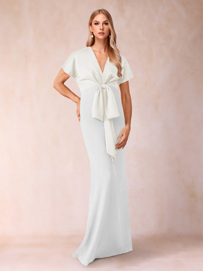Robe de Mère de la Mariée Fourreau/Colonne à Col En V et Manches Courtes avec Nœud Papillon