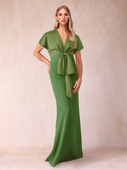 Robe de Mère de la Mariée Fourreau/Colonne à Col En V et Manches Courtes avec Nœud Papillon