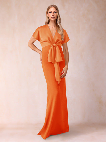 Robe de Mère de la Mariée Fourreau/Colonne à Col En V et Manches Courtes avec Nœud Papillon