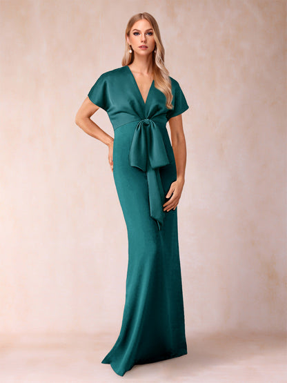 Robe de Mère de la Mariée Fourreau/Colonne à Col En V et Manches Courtes avec Nœud Papillon