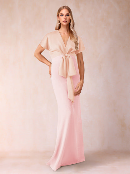 Robe de Mère de la Mariée Fourreau/Colonne à Col En V et Manches Courtes avec Nœud Papillon
