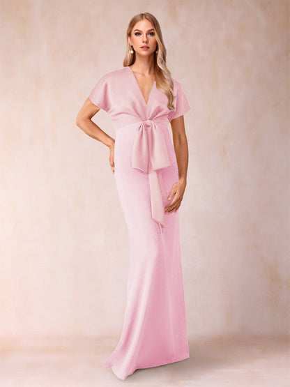 Robe de Mère de la Mariée Fourreau/Colonne à Col En V et Manches Courtes avec Nœud Papillon