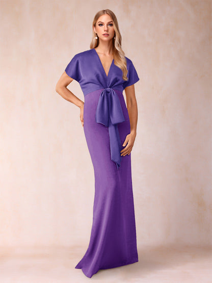 Robe de Mère de la Mariée Fourreau/Colonne à Col En V et Manches Courtes avec Nœud Papillon