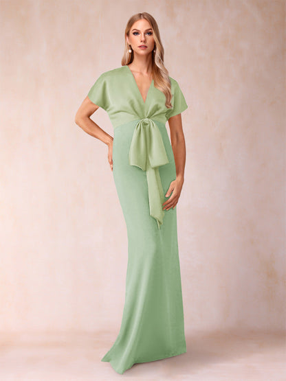 Robe de Mère de la Mariée Fourreau/Colonne à Col En V et Manches Courtes avec Nœud Papillon