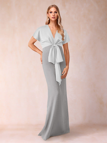 Robe de Mère de la Mariée Fourreau/Colonne à Col En V et Manches Courtes avec Nœud Papillon