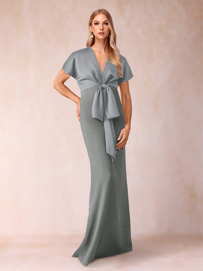 Robe de Mère de la Mariée Fourreau/Colonne à Col En V et Manches Courtes avec Nœud Papillon