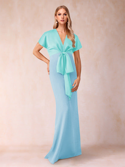 Robe de Mère de la Mariée Fourreau/Colonne à Col En V et Manches Courtes avec Nœud Papillon