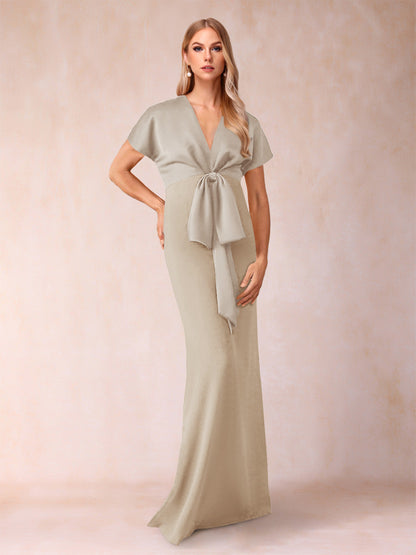 Robe de Mère de la Mariée Fourreau/Colonne à Col En V et Manches Courtes avec Nœud Papillon