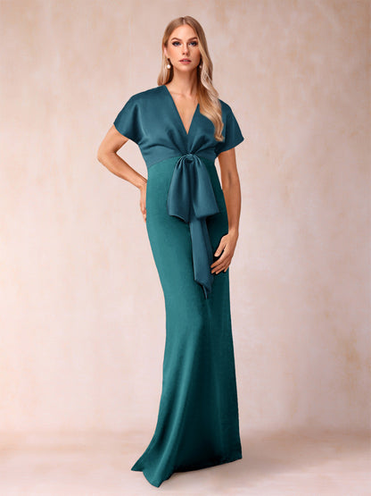 Robe de Mère de la Mariée Fourreau/Colonne à Col En V et Manches Courtes avec Nœud Papillon