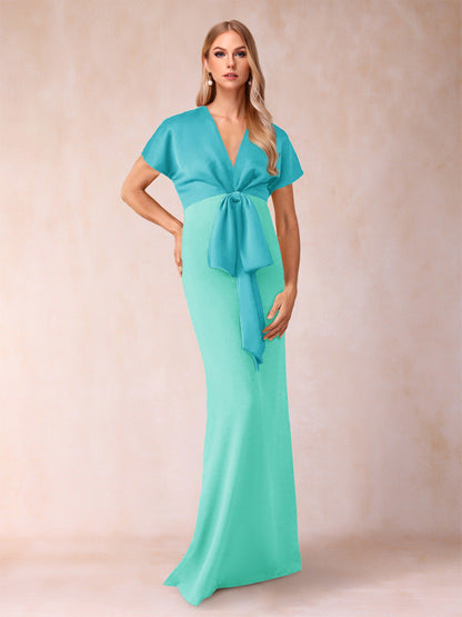 Robe de Mère de la Mariée Fourreau/Colonne à Col En V et Manches Courtes avec Nœud Papillon