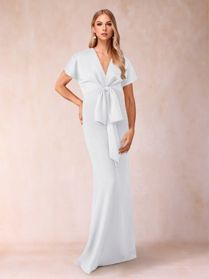 Robe de Mère de la Mariée Fourreau/Colonne à Col En V et Manches Courtes avec Nœud Papillon