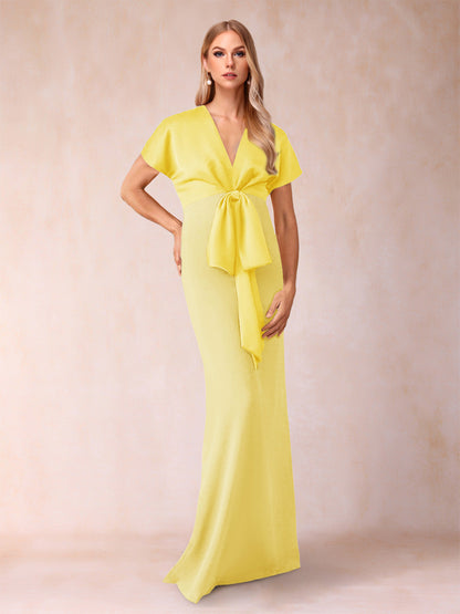 Robe de Mère de la Mariée Fourreau/Colonne à Col En V et Manches Courtes avec Nœud Papillon