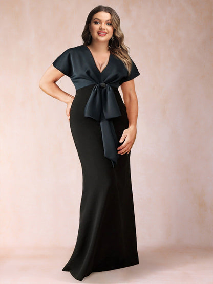 Robe de Mère de la Mariée Grande Taille, Fourreau/Colonne, Col en V, Manches Courtes avec Nœud