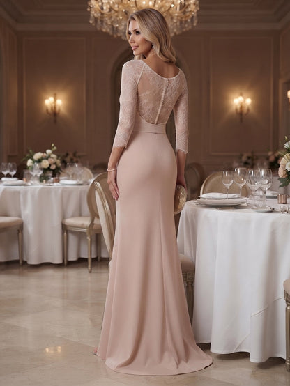 Robe de soirée longue en satin, coupe trompette/sirène, encolure ronde, manches 3/4 et ceinture
