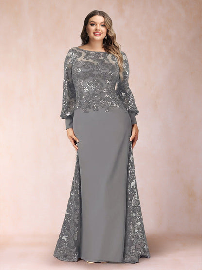 Robe de Mère de la Mariée Grande Taille, Coupe Trapèze/Princesse, Manches Longues, Décolleté Plongeant avec Appliques