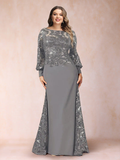 Robe de Mère de la Mariée Grande Taille, Coupe Trapèze/Princesse, Manches Longues, Décolleté Plongeant avec Appliques