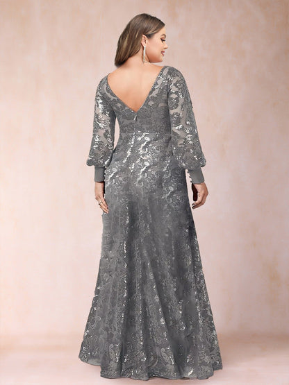 Robe de Mère de la Mariée Grande Taille, Coupe Trapèze/Princesse, Manches Longues, Décolleté Plongeant avec Appliques