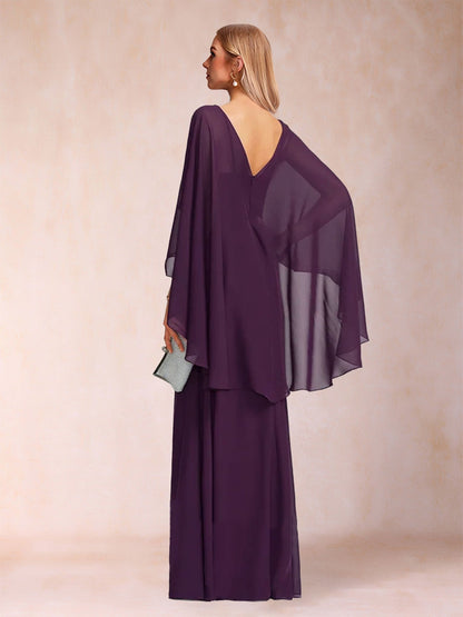 Robe de Mère de la Mariée Fourreau/Colonne à Col En V et Manches 3/4 avec Ceinture
