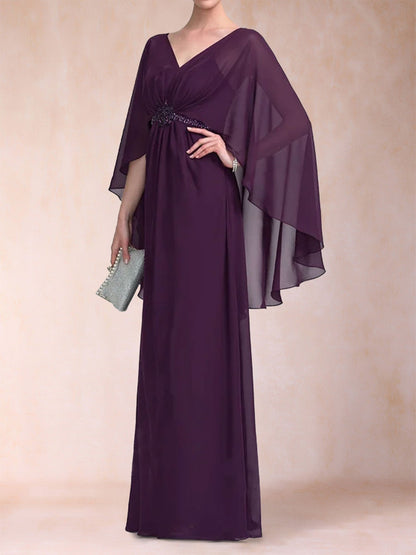Robe de Mère de la Mariée Fourreau/Colonne à Col En V et Manches 3/4 avec Ceinture