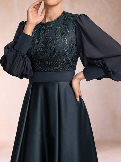 Robe de Mère de la Mariée Coupe A-Line/Princess à Manches Longues et Décolleté Plongeant avec Appliques