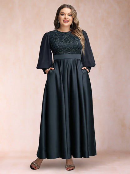 Robe de Mère de la Mariée Grande Taille, Coupe Trapèze/Princesse, Manches Longues, Décolleté Plongeant avec Appliques