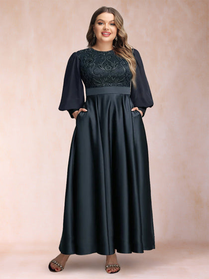 Robe de Mère de la Mariée Grande Taille, Coupe Trapèze/Princesse, Manches Longues, Décolleté Plongeant avec Appliques