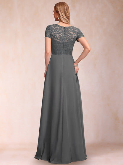 Robe de Mère de la Mariée Coupe A-Line/Princess à Col En V et Manches Courtes avec Appliques