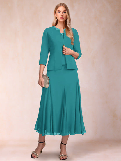 Robe de Mère de la Mariée Deux Piècesà Manches 3/4 et Coupe Princesse avec Paillettes