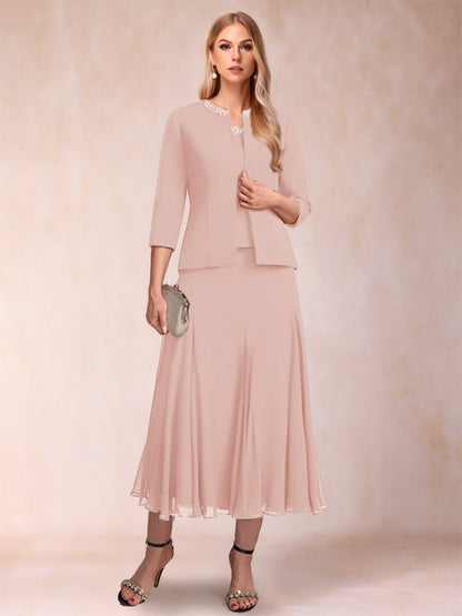 Robe de Mère de la Mariée Deux Piècesà Manches 3/4 et Coupe Princesse avec Paillettes