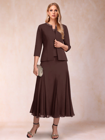 Robe de Mère de la Mariée Deux Piècesà Manches 3/4 et Coupe Princesse avec Paillettes