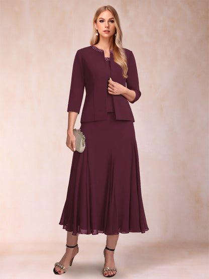 Robe de Mère de la Mariée Deux Piècesà Manches 3/4 et Coupe Princesse avec Paillettes