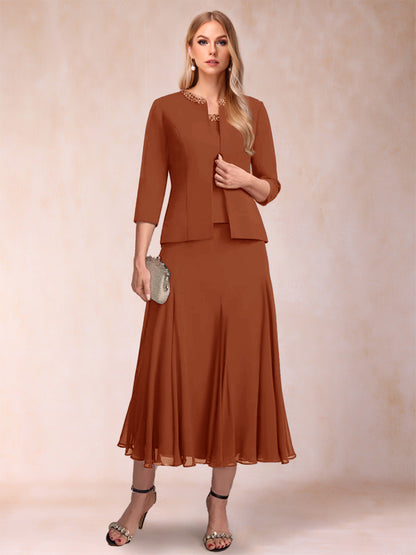 Robe de Mère de la Mariée Deux Piècesà Manches 3/4 et Coupe Princesse avec Paillettes