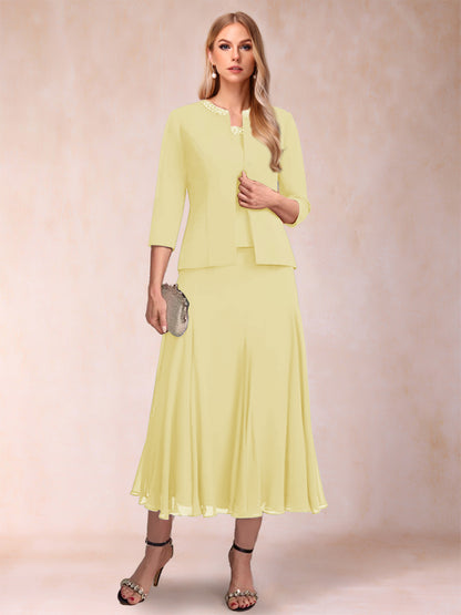 Robe de Mère de la Mariée Deux Piècesà Manches 3/4 et Coupe Princesse avec Paillettes