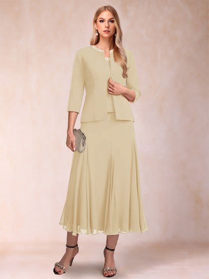 Robe de Mère de la Mariée Deux Piècesà Manches 3/4 et Coupe Princesse avec Paillettes