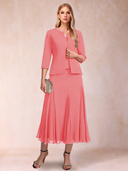 Robe de Mère de la Mariée Deux Piècesà Manches 3/4 et Coupe Princesse avec Paillettes