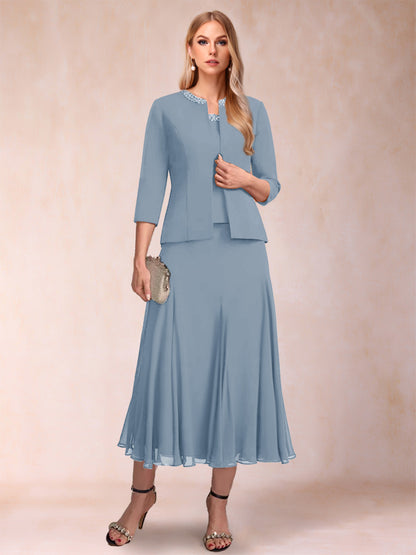 Robe de Mère de la Mariée Deux Piècesà Manches 3/4 et Coupe Princesse avec Paillettes