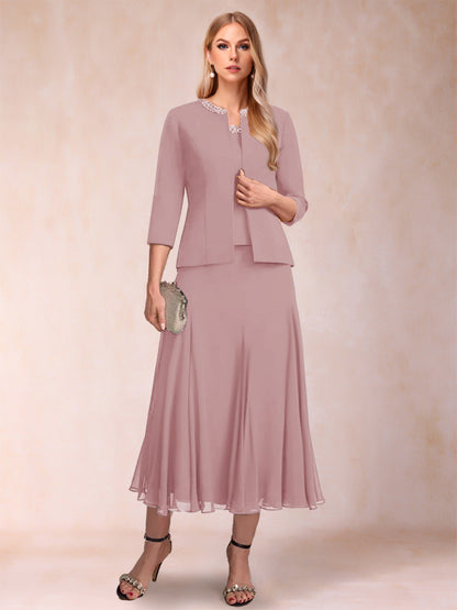 Robe de Mère de la Mariée Deux Piècesà Manches 3/4 et Coupe Princesse avec Paillettes