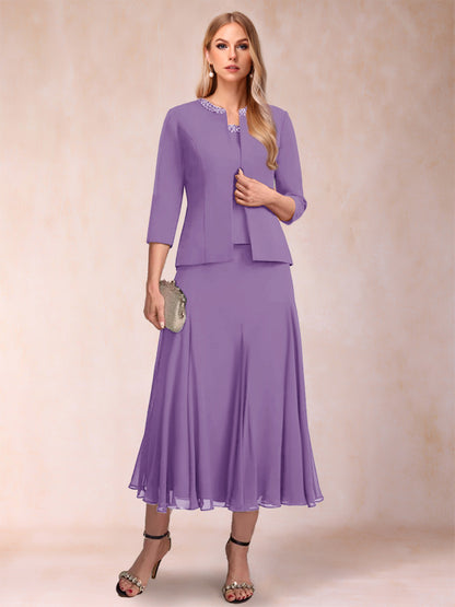 Robe de Mère de la Mariée Deux Piècesà Manches 3/4 et Coupe Princesse avec Paillettes