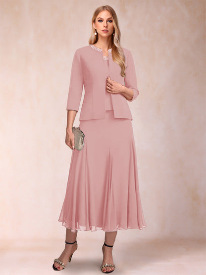 Robe de Mère de la Mariée Deux Piècesà Manches 3/4 et Coupe Princesse avec Paillettes